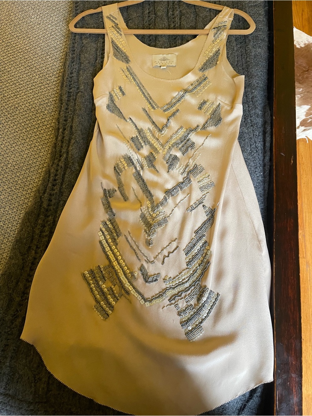 Madison Marcus Silk Cocktail Midi Dress with Silver Embellishment